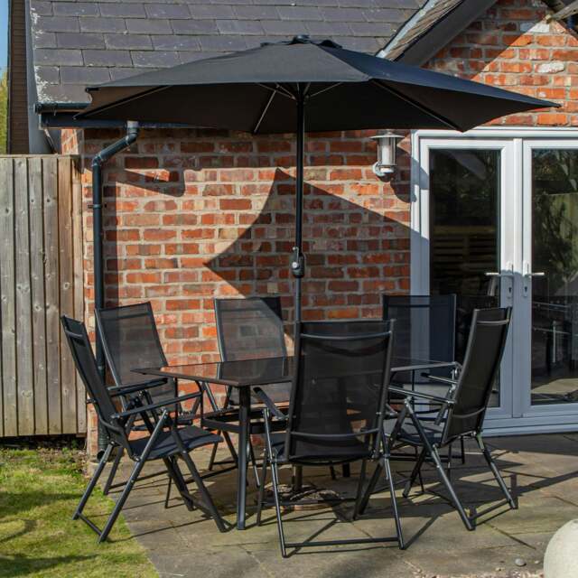 Rackhams Outdoor 6 Person Rectangular Glass Top Garden Patio Dining Table Chairs With Black Parasol and Base Set - Outdoor Furniture Sets - image 1
