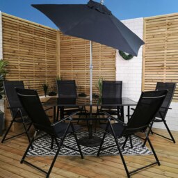 Rackhams Outdoor 6 Person Rectangular Glass Top Garden Patio Dining Table Chairs With Black Parasol and Base Set - Outdoor Furniture Sets - thumbnail 3