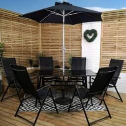 Rackhams Outdoor 6 Person Rectangular Glass Top Garden Patio Dining Table Chairs With Black Parasol and Base Set - Outdoor Furniture Sets - thumbnail 2