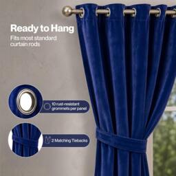Rackhams Thick Thermal Blackout Curtains Velvet 66x90 Inch Eyelet Ring Top Blue - thumbnail 6