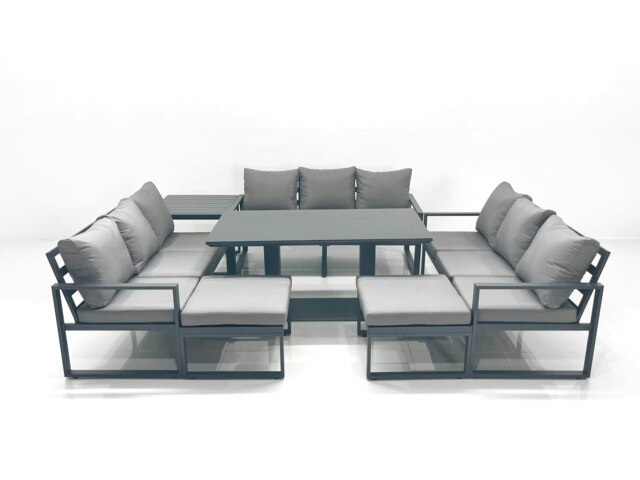 Rackhams 11 Seater Garden Sofa Set Aluminium Furniture Rising Dining Tabe Set with Side Table 2 Big Footstools Dark Grey - image 1
