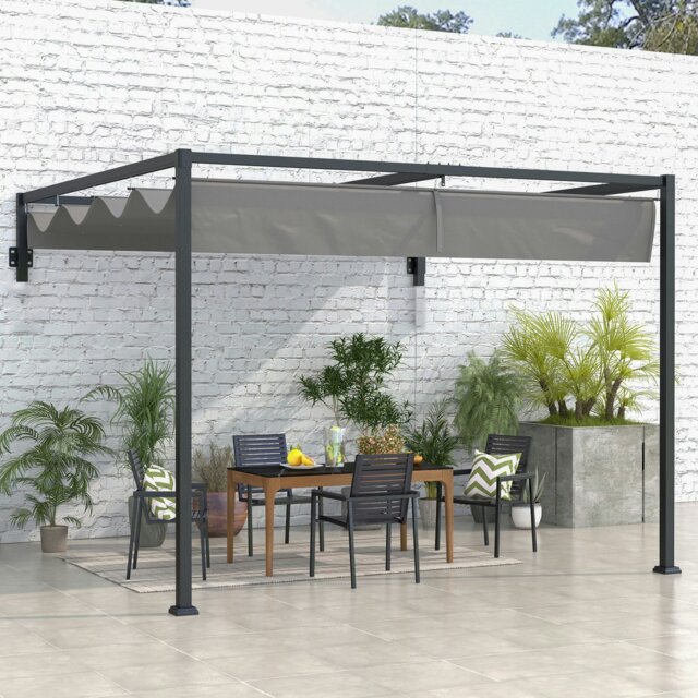 Rackhams 2 x 3(m) Wall Mounted Pergola with Retractable Roof, Dark Grey - Dark Grey - Steel, Polyester - 297L x 397W x 220Hcm - image 1