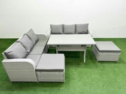 Rackhams 8 Seater Rattan Outdoor Sofa Set - Light Grey Wicker with Rectangular Dining Table, High Back Lounge Sofa & 2 Footstools - thumbnail 1