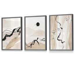 Rackhams Set of 3 Abstract Beige and Black Landscape Wall Art Prints / Framed - 50x70cm - Light Walnut - thumbnail 5