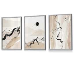 Rackhams Set of 3 Abstract Beige and Black Landscape Wall Art Prints / Framed - 50x70cm - Light Walnut - thumbnail 6