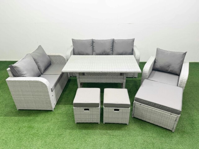 Rackhams 9 Seater Light Grey PE Wicker Rattan Outdoor Sofa Set - Rectangular Dining Table, Reclining Chair, Loveseat & 3-Seater Sofa - image 1