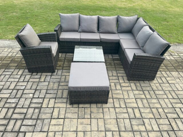 Rackhams 8 Seat Rattan Garden Furniture Corner Sofa Set Outdoor Patio Sofa Chair Table Set with Big Footstool Dark Grey Mixed - image 1