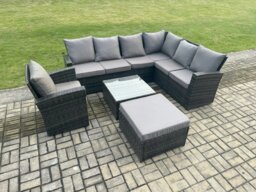 Rackhams 8 Seat Rattan Garden Furniture Corner Sofa Set Outdoor Patio Sofa Chair Table Set with Big Footstool Dark Grey Mixed - thumbnail 2