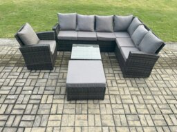 Rackhams 8 Seat Rattan Garden Furniture Corner Sofa Set Outdoor Patio Sofa Chair Table Set with Big Footstool Dark Grey Mixed - thumbnail 1