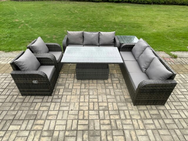 Rackhams PE Rattan Outdoor Garden Furniture Sets Height Adjustable Rising lifting DiningTable Sofa Set with Reclining Chair Side Table Dark Grey Mixed - image 1
