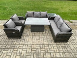 Rackhams PE Rattan Outdoor Garden Furniture Sets Height Adjustable Rising lifting DiningTable Sofa Set with Reclining Chair Side Table Dark Grey Mixed - thumbnail 2