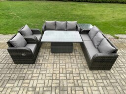 Rackhams PE Rattan Outdoor Garden Furniture Sets Height Adjustable Rising lifting DiningTable Sofa Set with Reclining Chair Side Table Dark Grey Mixed - thumbnail 1