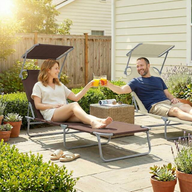 Rackhams Folding Chair Sun Lounger w/ Sunshade Garden Recliner Hammock - 1 - Brown - image 1