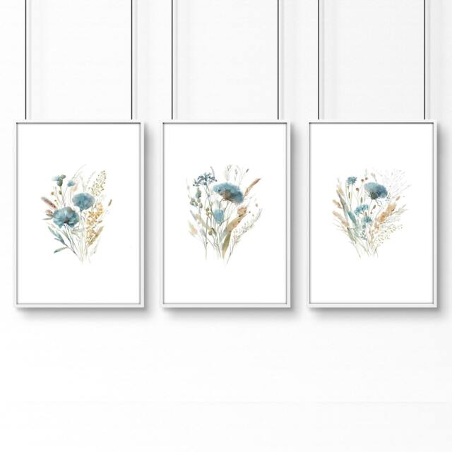 Rackhams Blue Color Wall Art - Set of 3 Botanical Wall art Prints - A3 11.69 x 16.54 in / 29.7 x 42 cm - Satin Photo paper 280 gsm - White Frame - image 1