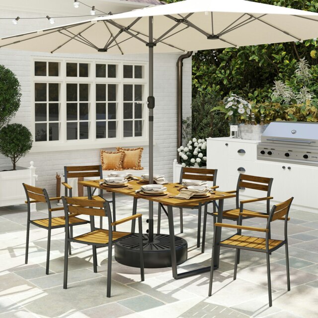 Rackhams 7 Piece Garden Dining Set with Table and 6 Stackable Chairs, Brown - Brown - Steel, Fir Wood - 175L x 80W x 75H cm - image 1