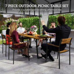 Rackhams 7 Piece Garden Dining Set with Table and 6 Stackable Chairs, Brown - Brown - Steel, Fir Wood - 175L x 80W x 75H cm - thumbnail 3