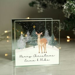 Rackhams Personalised Christmas Deer Glass Tea Light Candle Holder
