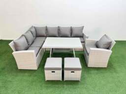 Rackhams Garden Outdoor Rattan Furniture Set Rattan Corner Sofa Oblong Dining Table with Armchair Light Grey Mixed 9 Seater - thumbnail 2
