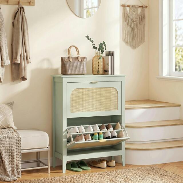Rackhams Boho Slim Shoe Cabinet with Rattan Doors, Green - 14 Pairs - image 1