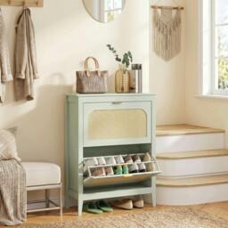 Rackhams Boho Slim Shoe Cabinet with Rattan Doors, Green - 14 Pairs - thumbnail 1