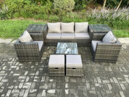 Rackhams Wicker 8 Pieces Rattan Garden Furniture Sofa Set with Armchair 2 Side Tables Square Coffee Table 2 Small Footstools Dark Grey Mixed - thumbnail 1