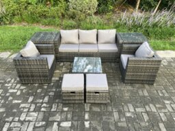 Rackhams Wicker 8 Pieces Rattan Garden Furniture Sofa Set with Armchair 2 Side Tables Square Coffee Table 2 Small Footstools Dark Grey Mixed - thumbnail 2