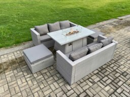 Rackhams Rattan Outdoor Garden Furniture Set with Gas Fire Pit Dining Table, 2 Large Footstools, 2 Sofas - 8 Seater - Light Grey - thumbnail 2