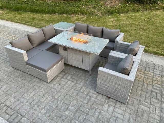 Rackhams Light Grey Rattan Fire Pit Garden Furniture Set Gas Heater Burner Lounge Sofa Dining Set Coffee Table Chairs Footstool - image 1