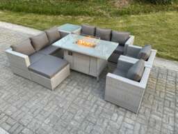 Rackhams Light Grey Rattan Fire Pit Garden Furniture Set Gas Heater Burner Lounge Sofa Dining Set Coffee Table Chairs Footstool - thumbnail 1