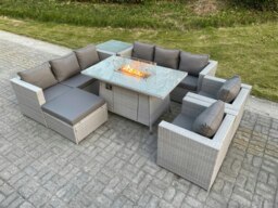 Rackhams Light Grey Rattan Fire Pit Garden Furniture Set Gas Heater Burner Lounge Sofa Dining Set Coffee Table Chairs Footstool - thumbnail 2