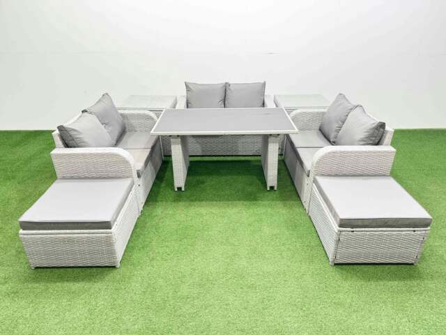 Rackhams 8 Seater Patio Garden Furniture Sets with Black Glass Top Dining Table Love Sofa 2 Side Tables 2 Big Stool Light Grey - image 1