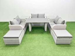 Rackhams 8 Seater Patio Garden Furniture Sets with Black Glass Top Dining Table Love Sofa 2 Side Tables 2 Big Stool Light Grey - thumbnail 1