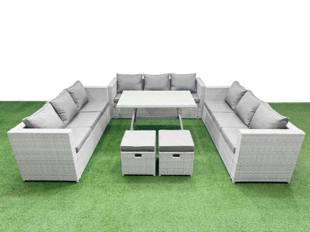 Rackhams 11 Seat Outdoor Patio PE Rattan Garden Furniture with Cushions 3 Seater Sofa 2 Small Stools Light Grey - image 1