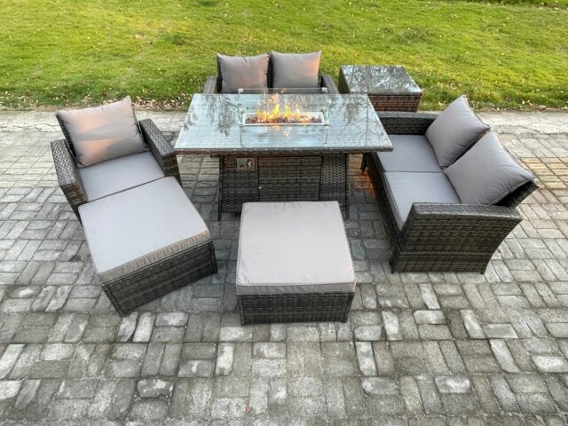 Rackhams 7 Seater Rattan Outdoor Garden Furniture Gas Fire Pit Table Sets Gas Heater with Love Sofa Armchair 2 Big Footstool Side Table Dark Mixed Grey - image 1