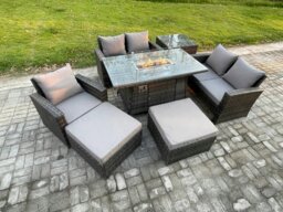 Rackhams 7 Seater Rattan Outdoor Garden Furniture Gas Fire Pit Table Sets Gas Heater with Love Sofa Armchair 2 Big Footstool Side Table Dark Mixed Grey - thumbnail 2