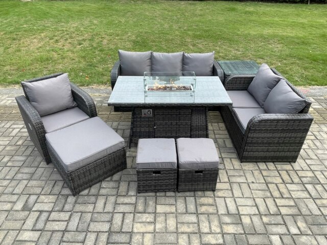 Rackhams Garden Patio Furniture Wicker Rattan Gas Fire Pit Table and Sofa Chair set with Side Table 3 Footstool - image 1