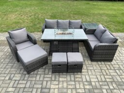 Rackhams Garden Patio Furniture Wicker Rattan Gas Fire Pit Table and Sofa Chair set with Side Table 3 Footstool - thumbnail 1