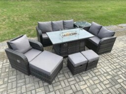 Rackhams Garden Patio Furniture Wicker Rattan Gas Fire Pit Table and Sofa Chair set with Side Table 3 Footstool - thumbnail 2