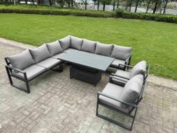 Rackhams 8 Piece L-shaped Garden Furniture Set 9-Seater Aluminium Outdoor Dining Set with Adjustable Rising Lifting Dining Table 2 Chairs Dark Grey - thumbnail 2