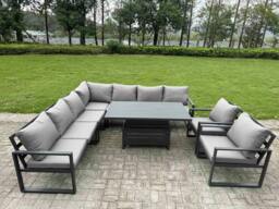 Rackhams 8 Piece L-shaped Garden Furniture Set 9-Seater Aluminium Outdoor Dining Set with Adjustable Rising Lifting Dining Table 2 Chairs Dark Grey - thumbnail 1