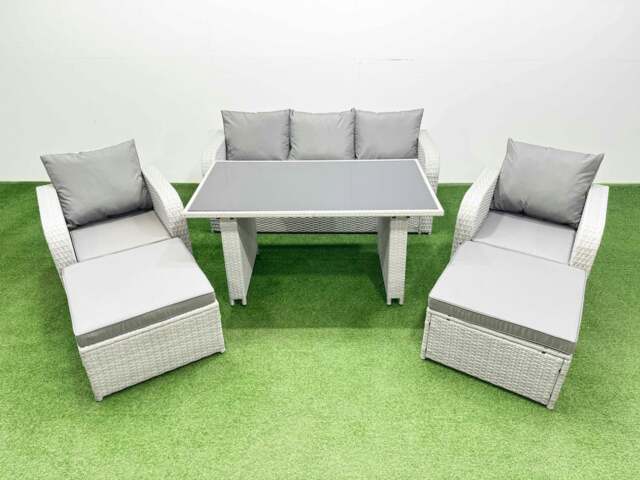 Rackhams Outdoor Rattan Garden Furniture Dining Set 7 seater Patio Rectangular Table 3 Seater Sofa Reclining Chair Set with 2 Big Stools - image 1