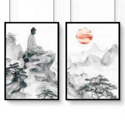 Rackhams Modern Artwork For Living Room - Set of 2 Asian Inspired Wall art Prints - A2 16.54 x 23.39 in / 42 x 59.4 cm - Matte Museum Quality Art Paper 290 gsm - Black Frame