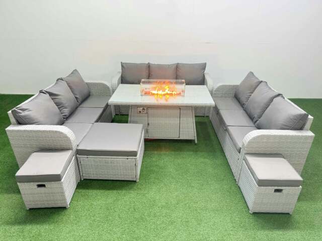 Rackhams PE Rattan Lounge Sofa Set 12 Seater Outdoor Garden Furniture Set with Fire Pit Dining Table 3 Seater Sofa 3 Stools Light Grey - image 1