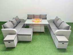 Rackhams PE Rattan Lounge Sofa Set 12 Seater Outdoor Garden Furniture Set with Fire Pit Dining Table 3 Seater Sofa 3 Stools Light Grey - thumbnail 1