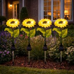 Rackhams Pack of 4 Solar Sunflower Stake Lights – Warm White LED Garden Lights - thumbnail 5