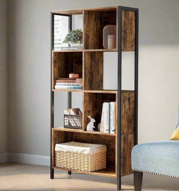 Rackhams Industrial Bookshelf Rustic Brown Bookcase with Steel Frame for Living Room or Home Office - image 1