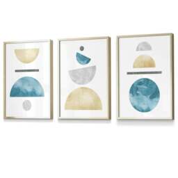 Rackhams Yellow and Aqua Blue Abstract Mid Century Geometric Set of 3 Framed Wall Art - 42x59cm (A2) - Gold - thumbnail 1