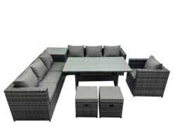 Rackhams 9 Seater Outdoor Corner Sofa Chair Dining Table Set Garden Rattan Furniture Set with Side Table 2 Small Stools Dark Grey - thumbnail 2
