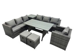 Rackhams 9 Seater Outdoor Corner Sofa Chair Dining Table Set Garden Rattan Furniture Set with Side Table 2 Small Stools Dark Grey - thumbnail 1