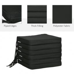 Rackhams Set of 6 Chair Cushion Seat Pads Dining Chair w/ Straps Indoor Outdoor Removable Tie On Garden Patio Black - thumbnail 4